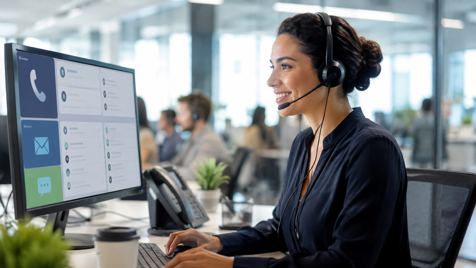 Conseillère gérant les échanges clients dans un centre de contacts