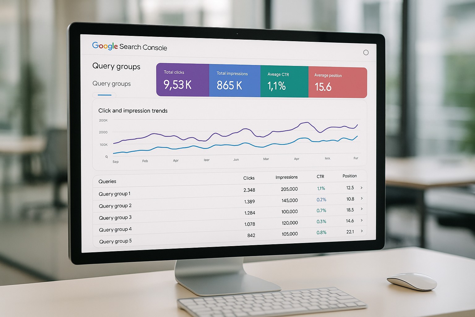 Google Search Console affichant des groupes de requêtes SEO