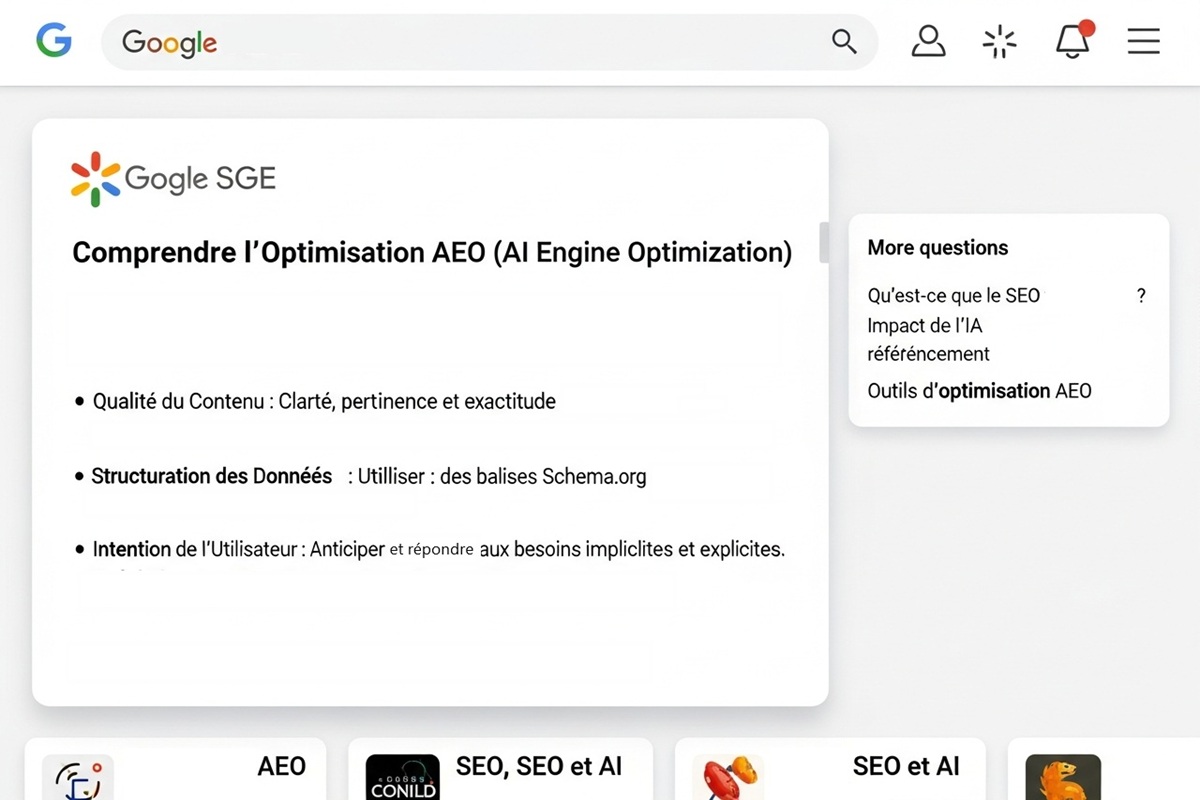 Interface Google SGE avec réponse générée par intelligence artificielle pour optimisation AEO