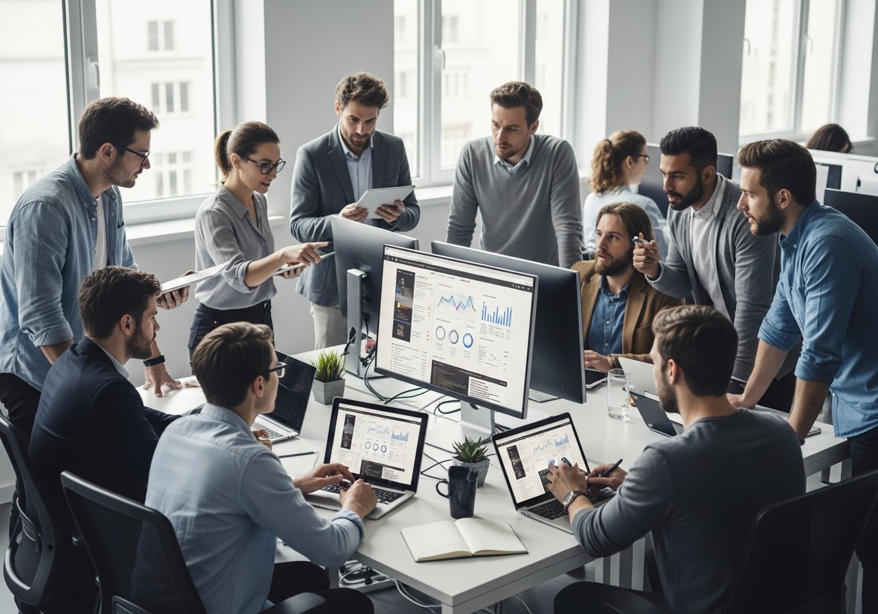 Équipe de développeurs humains travaillant sur un rapport SEO