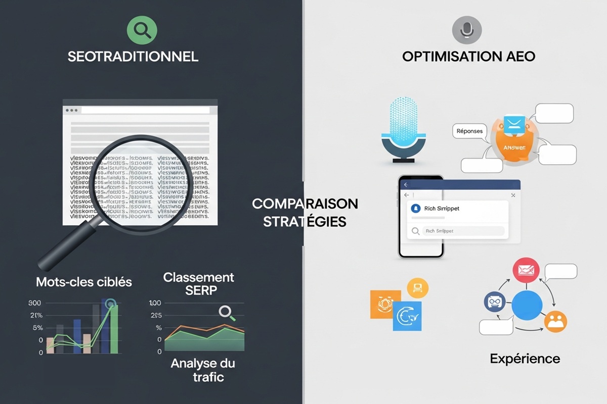 Comparaison visuelle entre stratégie SEO traditionnelle et optimisation AEO pour moteurs de réponse