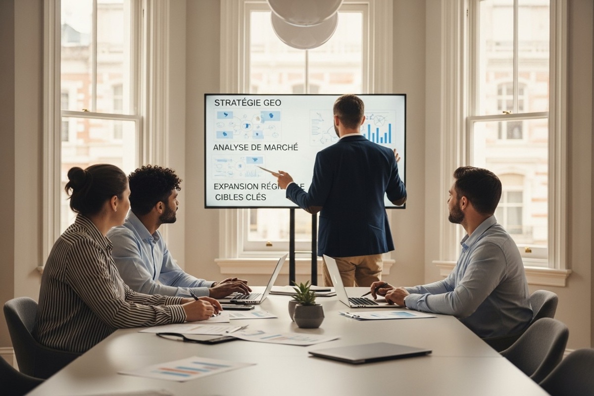 Professionnels en réunion stratégie GEO
